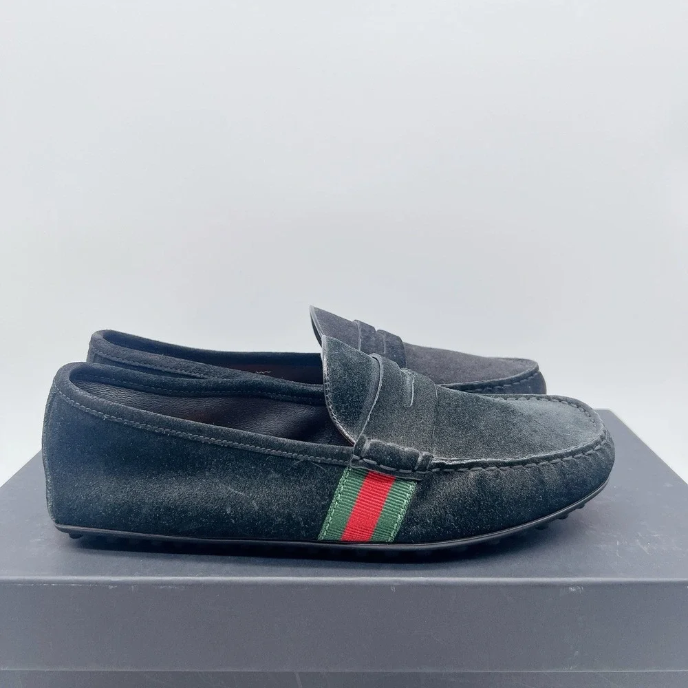 Gucci Web Accent Penny Slip On Loafers Driver Shoe Black Suede Wms UK 6 US 9 - Picture 5 of 15